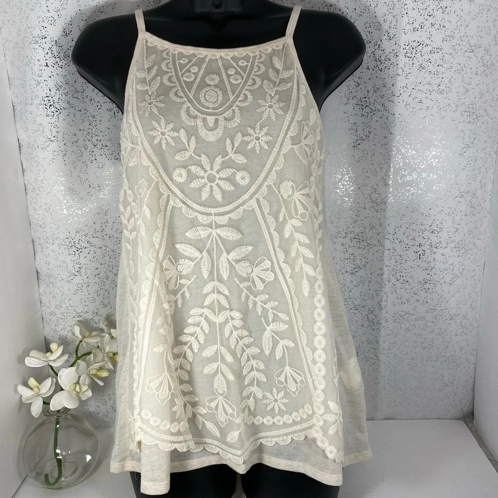 Rewind Women’s Small Ivory Embroidered Tank Top Boho Sleeveless Floral Detail - Picture 10 of 15